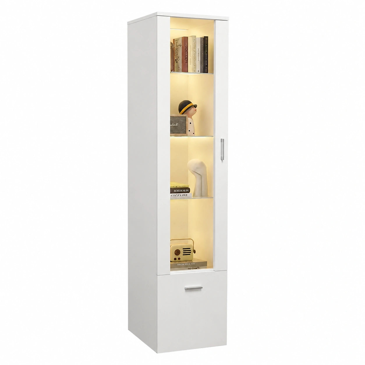 Coppia di vetrine LED con porte e ripiani in vetro, illuminazione per soggiorno e ufficio, 42x30x160 cm, bianco