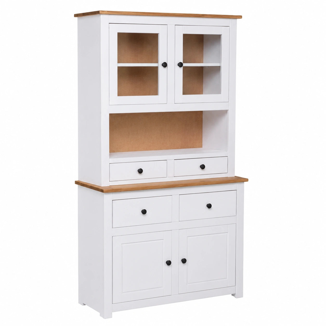 Credenza Moderna in Legno di Pino con Vetrina, Bianco, per Soggiorno o Cucina, 93x40,5x180 cm