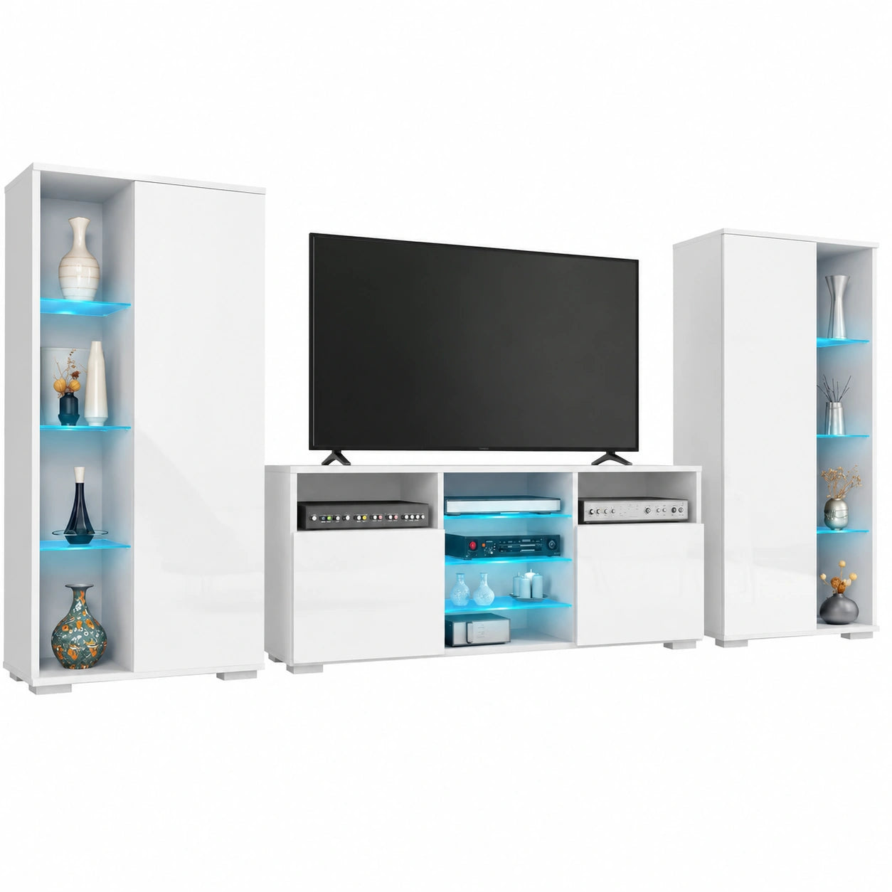 Mobili da Soggiorno Vladon con Vetrine e Mobile TV, Bianco Lucido con LED