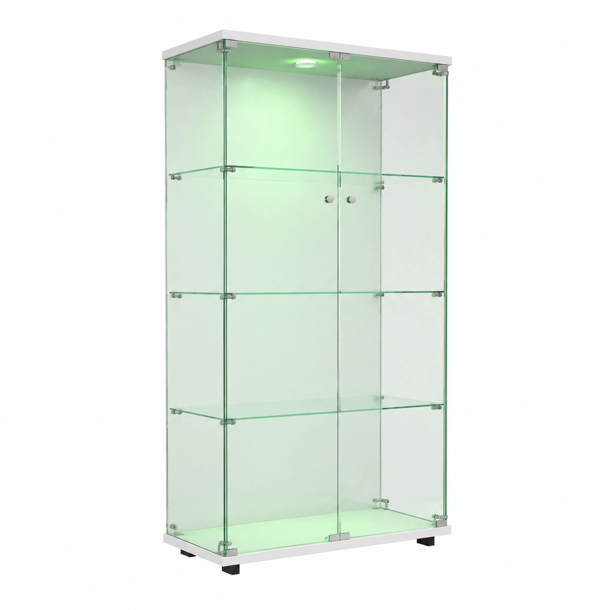 Vetrina Moderna in Vetro con Led, Espositore da Soggiorno e Ufficio per Collezioni e Vino, 4 Ripiani e 2 Ante