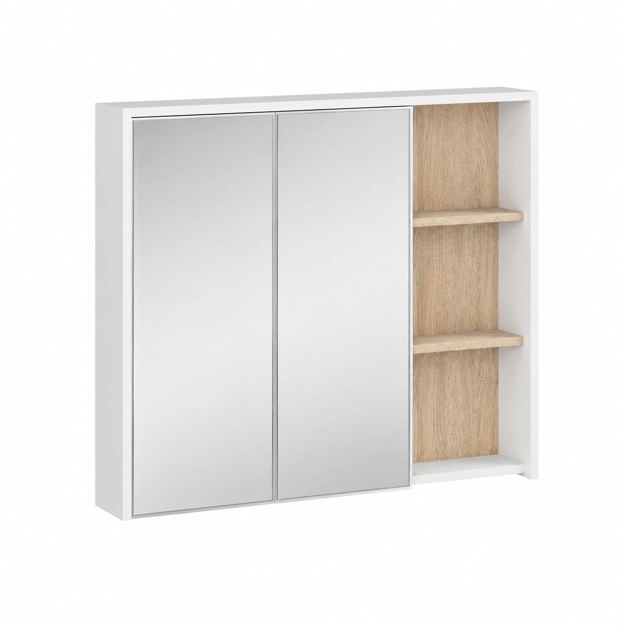 Mobiletto da Bagno con Specchio e Armadietto VAMI 90 cm - 2 Ante, 6 Ripiani - Resistente all'Umidità - Bianco e Rovere Sonoma