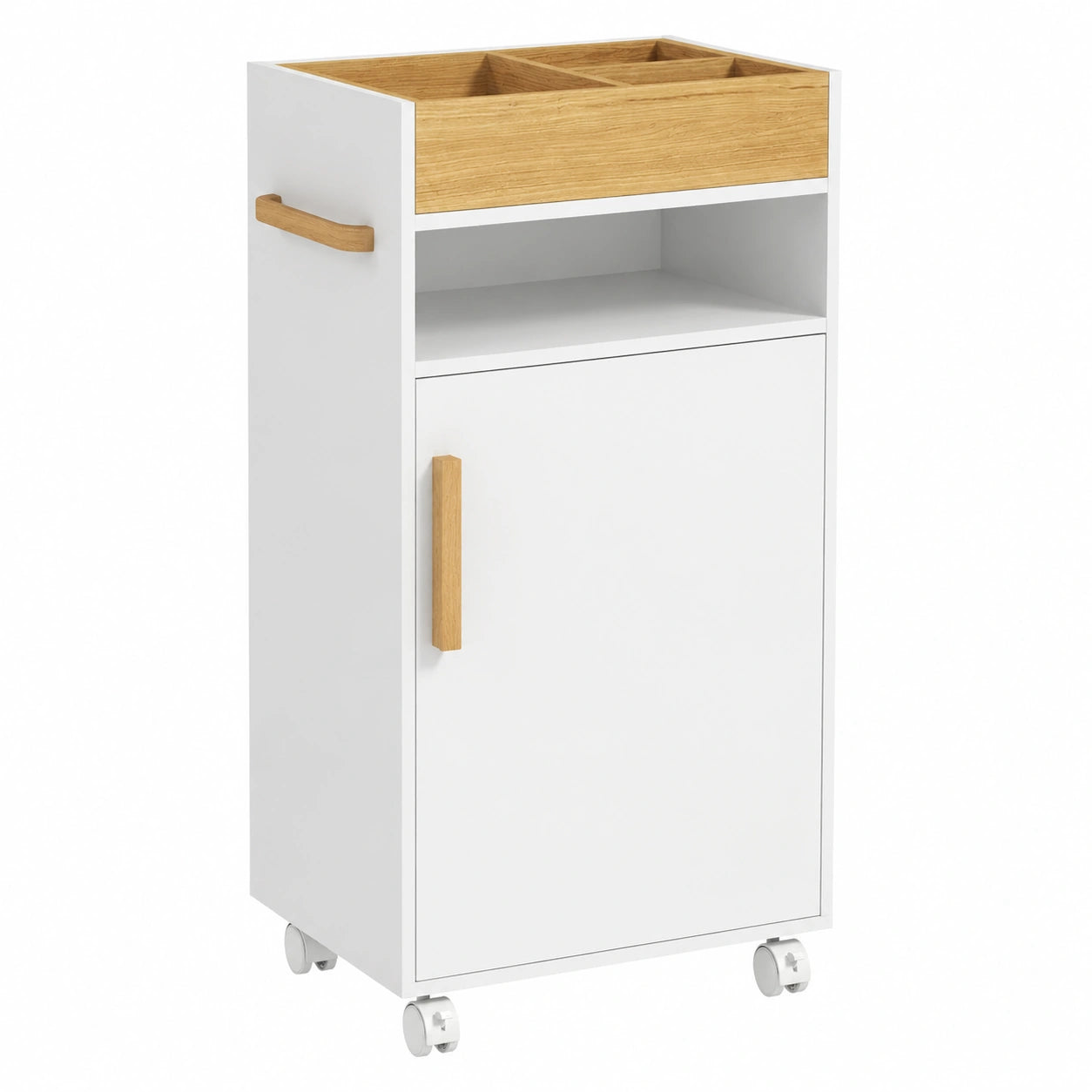 kleankin Armadietto Bagno con Ripiano Regolabile e Vassoio Rimovibile, Mobile su Rotelle in Legno, 40x30x88 cm, Bianco
