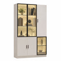 Mobile espositivo moderno in vetro con luci LED, bianco, legno e alluminio, 120 x 35 x 200 cm, 3 ante in vetro, per salotto o ufficio