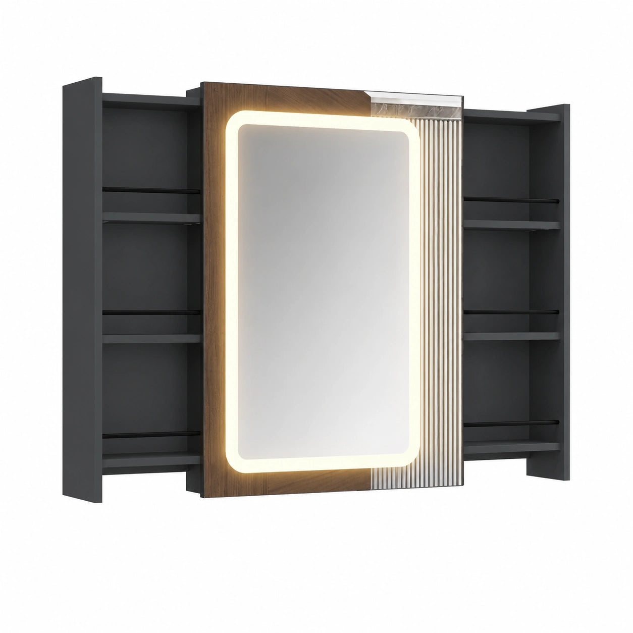 YU YUSING Armadietto Bagno a LED con Specchio, 6 Ripiani, Antiappannamento, 55x70x16cm, Display Ora, Nero