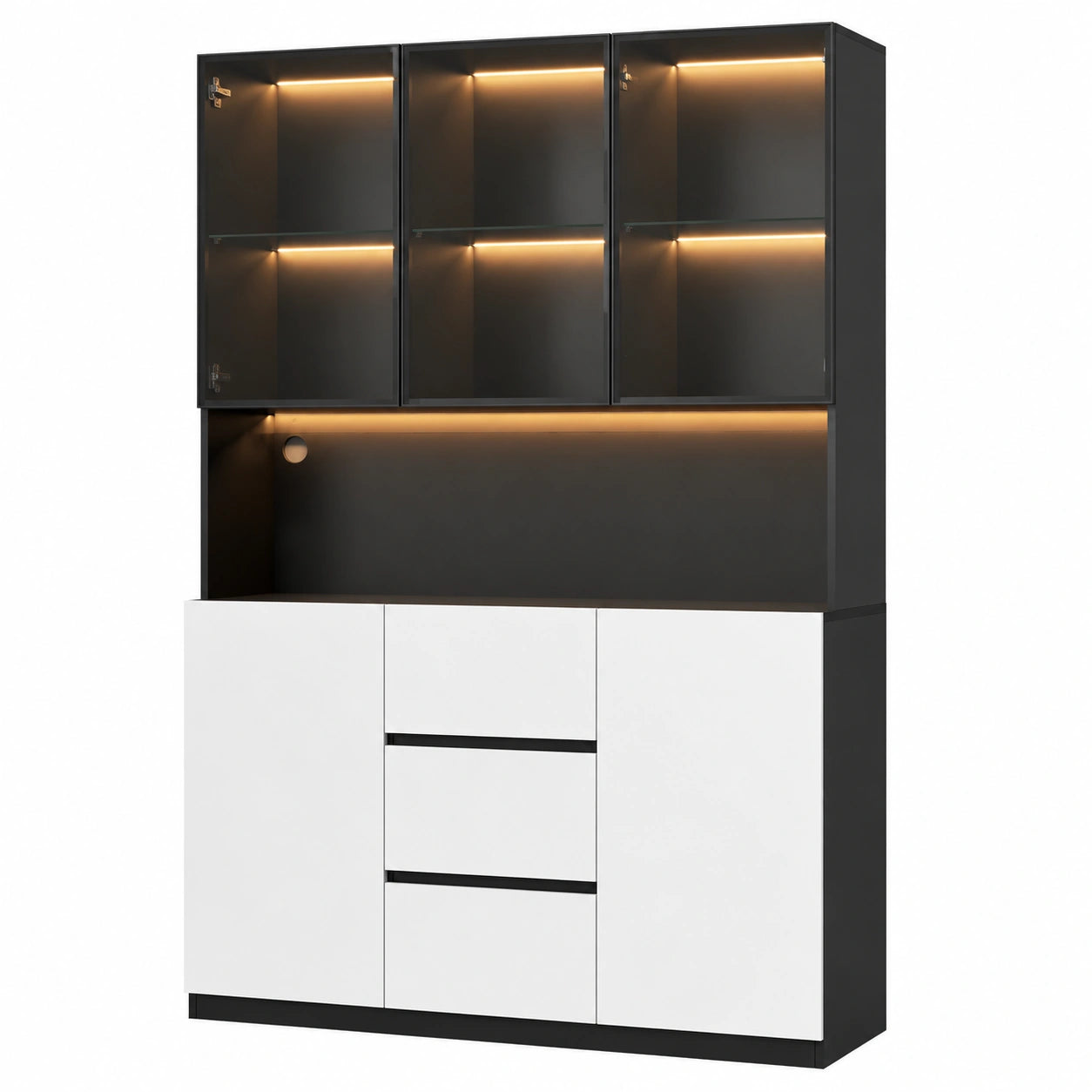 Armadio Alto con Illuminazione LED, 3 Cassetti, 2 Ante e Vetrina in Vetro, Bianco e Nero, per Soggiorno e Sala da Pranzo, 120 x 40 x 200 cm