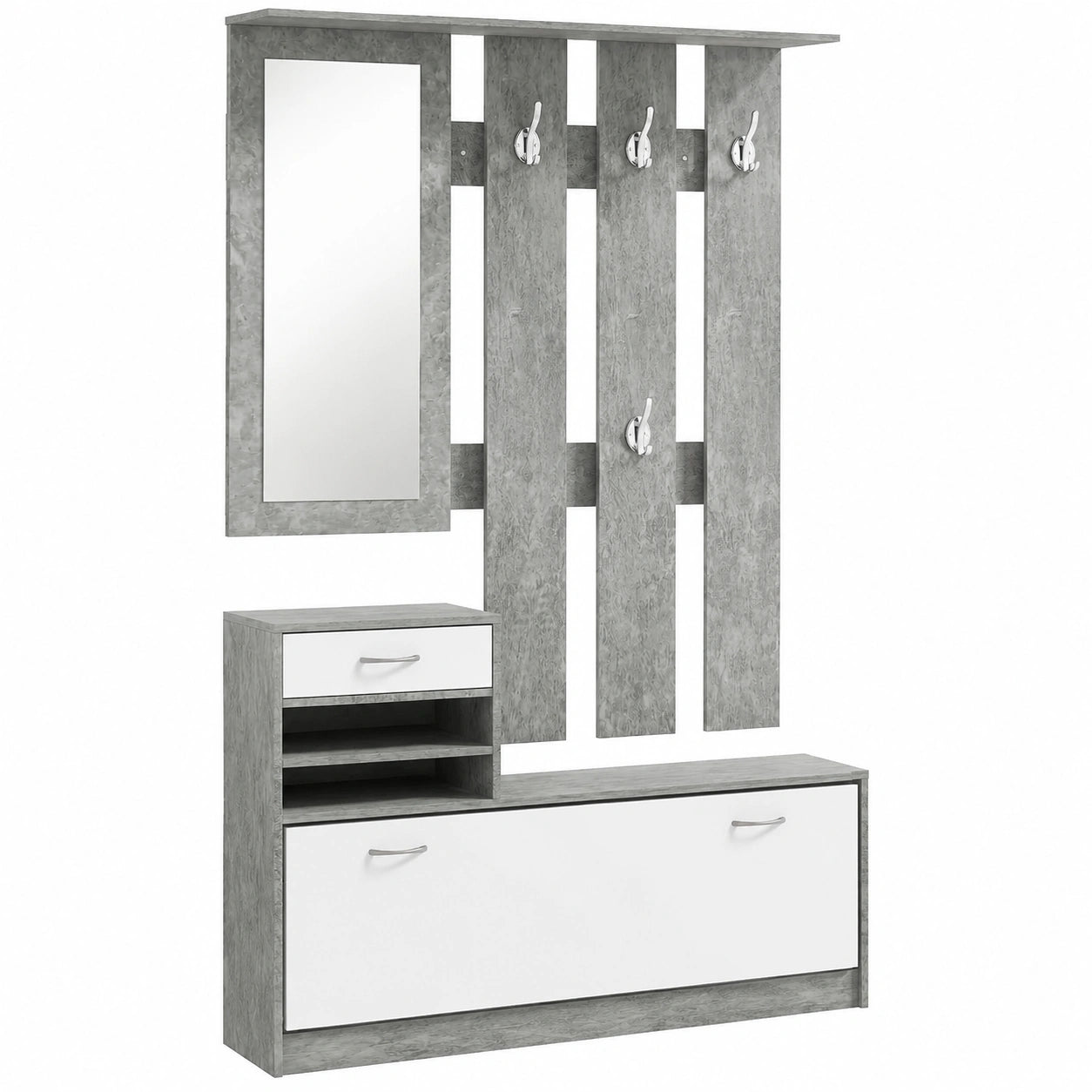 Set Ingresso Moderno HOMCOM con Scarpiera e Specchio, Appendiabiti con Ganci, Ripiani e Cassetti Regolabili per Corridoio, Bianco e Grigio