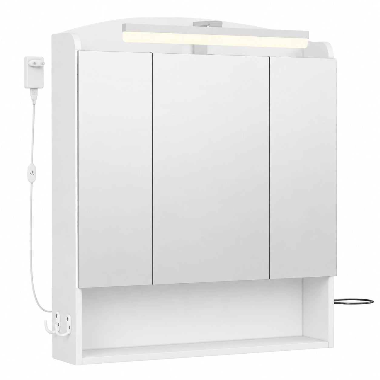 Armadietto da Bagno con Specchio e LED, Porta Phon, Ganci e Ripiano Regolabile, Bianco 16,5x70x80cm